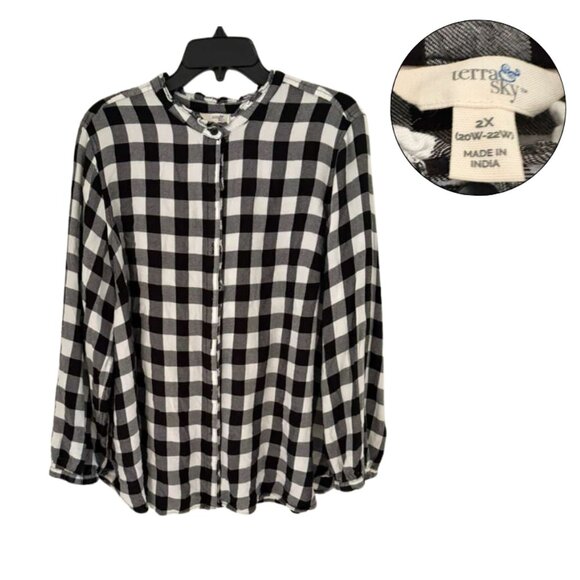 Terra & Sky Black White Gingham Blouse 2X - Picture 1 of 3